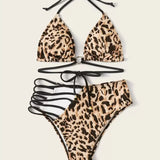 Costum de baie tip bikini cu imprimeu leopard, cu bretele în jurul gâtului și talie înaltă