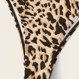 Costum de baie tip bikini cu imprimeu leopard, cu bretele în jurul gâtului și talie înaltă