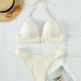 Costum de baie monocolor cu sutien push-up legat cu lanț