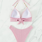 Costum de baie monocolor cu sutien push-up legat cu lanț