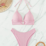 Costum de baie monocolor cu sutien push-up legat cu lanț