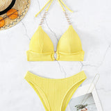 Costum de baie monocolor cu sutien push-up legat cu lanț