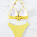 Costum de baie monocolor cu sutien push-up legat cu lanț