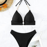 Costum de baie monocolor cu sutien push-up legat cu lanț