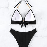 Costum de baie monocolor cu sutien push-up legat cu lanț