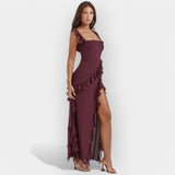 Celeste | Rochie cu fante și volane