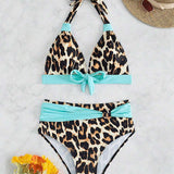 Costum de baie pentru femei cu imprimeu leopard, nod în față, decolteu halter