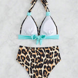 Costum de baie pentru femei cu imprimeu leopard, nod în față, decolteu halter