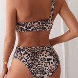 Costum de baie pentru femei cu imprimeu leopard și umăr descoperit