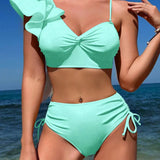 Bikini cu volan, culoare uniformă