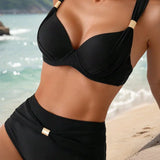 Bikini din două piese cu sireturi încrucișate, culoare solidă, sexy