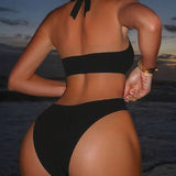Bikini fascinant auriu cu bretele și talie înaltă