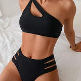 Set de 2 piese de costume de baie pentru femei, de culoare solidă, sexy cu o singură umăr
