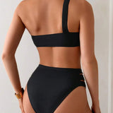 Set de 2 piese de costume de baie pentru femei, de culoare solidă, sexy cu o singură umăr