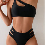 Set de 2 piese de costume de baie pentru femei, de culoare solidă, sexy cu o singură umăr
