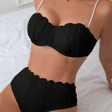 Bikini sexy cu perle false decorate și bretele