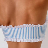 Bikini compus dintr-un top cu decolteu plisat cu dungi și cu talie plisată