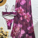 3 piese Bikini elegant și sexy cu imprimeu floral și flori 3D