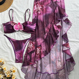 3 piese Bikini elegant și sexy cu imprimeu floral și flori 3D