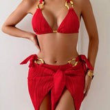 Costum de baie 3 piese din material texturat cu design floral, detalii metalice