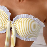 Bikini compus dintr-un top cu decolteu plisat cu dungi și cu talie plisată