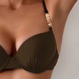 Set bikini din material uniform cu detalii la bretele