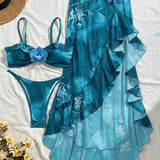 3 piese Bikini elegant și sexy cu imprimeu floral și flori 3D