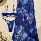 3 piese Bikini elegant și sexy cu imprimeu floral și flori 3D
