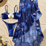 3 piese Bikini elegant și sexy cu imprimeu floral și flori 3D