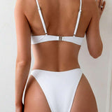 Set bikini din material uniform cu detalii la bretele