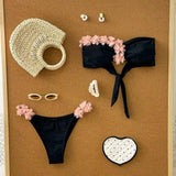 Bikini estival cu decor floral 3D, bandă plisată, sexy