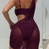 3 piese Bikini Stil Vintage Estival Asimetric din Plasă