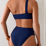 Set de 2 piese de costume de baie pentru femei, de culoare solidă, sexy cu o singură umăr