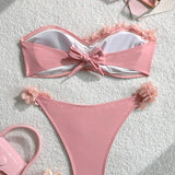 Bikini estival cu decor floral 3D, bandă plisată, sexy