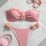 Bikini estival cu decor floral 3D, bandă plisată, sexy