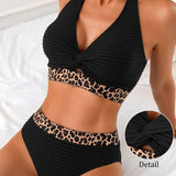 Bikini cu imprimeu leopard, cu bretele, efect patchwork și detalii perforate