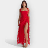 Celeste | Rochie cu fante și volane