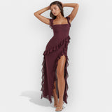 Celeste | Rochie cu fante și volane